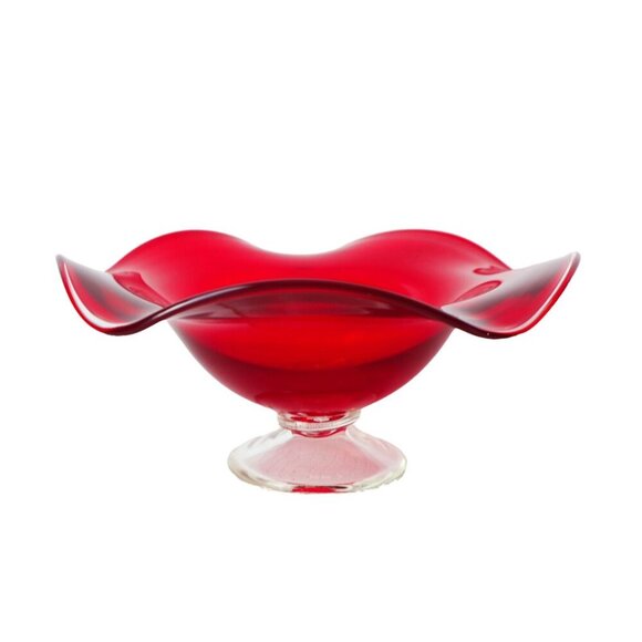 Red Hand Blown Art Glass Bowl Dish Compote Clear Pedestal Ruffle Silver Crest - Picture 1 of 3